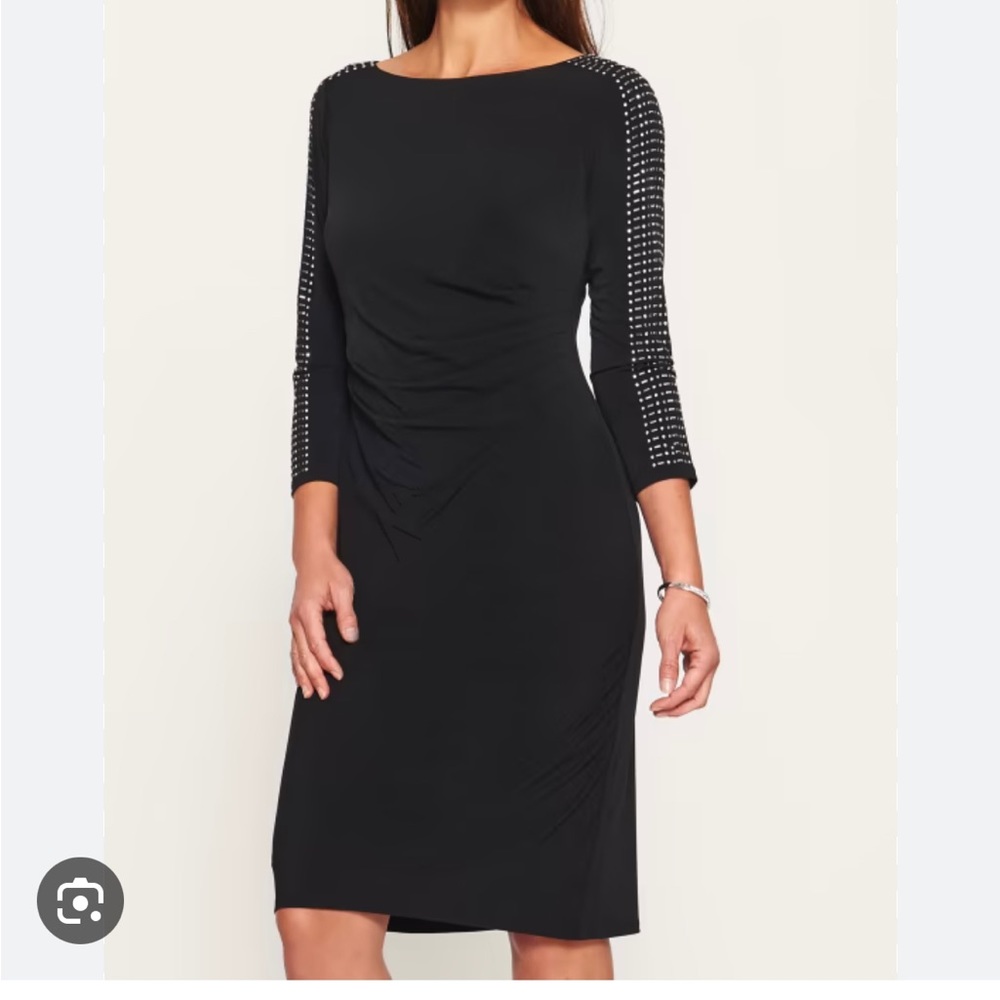 Black Cocktail Dress with flattering side gathering and embellished 3/4 sleeves